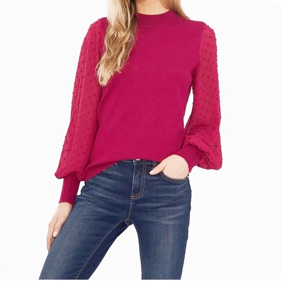 CeCe Cotton Sweater Long Chiffon Swiss Dot Sleeves - Picture 1 of 6